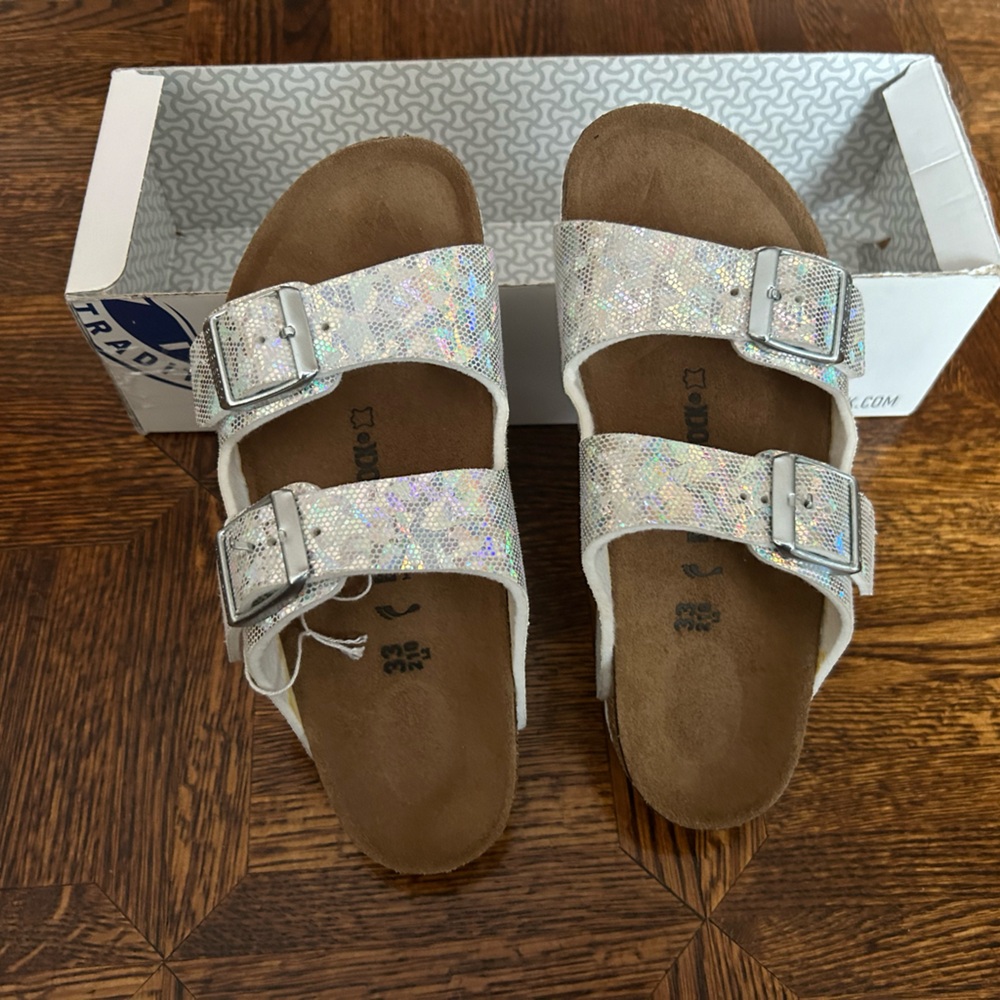 Birkenstock Kids White Holographic Two-Strap Sandals
